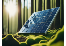 Image of stylized solar panel resting on a mossy ground in the middle of a forest