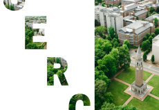 Aerial image of UNC Campus, with the Bell Tower in the foreground and Caudill Labs and Kenan Labs further in the background.