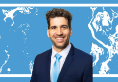 Leibfarth Receives Blavatnik Frank Leibfarth in a suit, in front of a Carolina Blue background that is reminiscent of water.